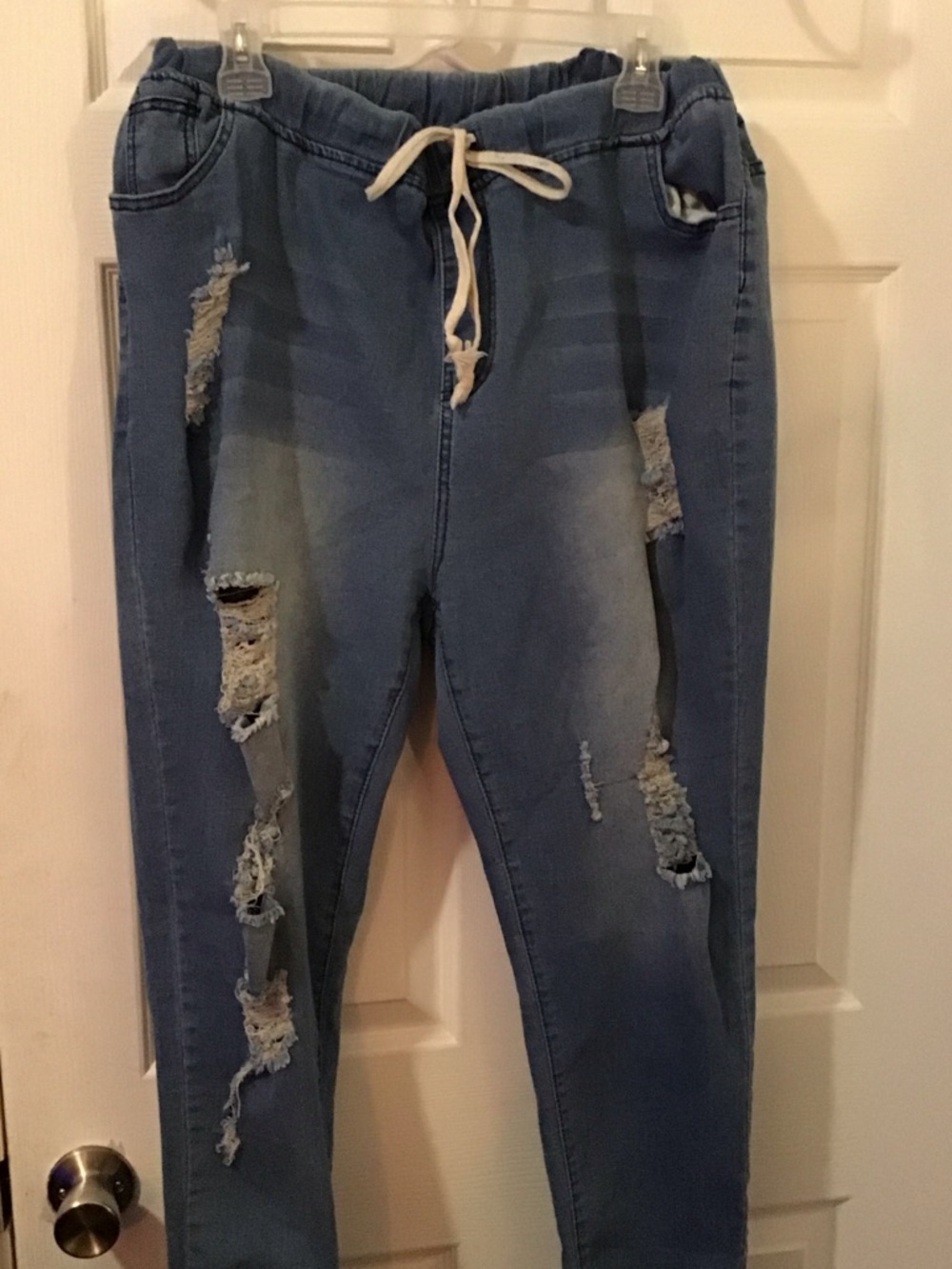 Distressed Blue Drawstring Jeans